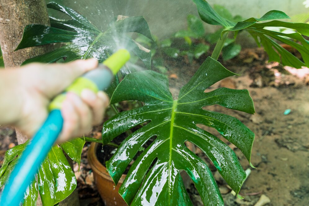 Close-up of a drip irrigation system in action