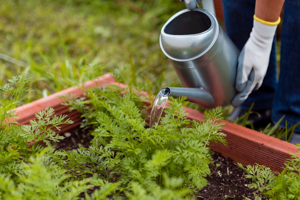 Sprinkler system installed in a lush garden